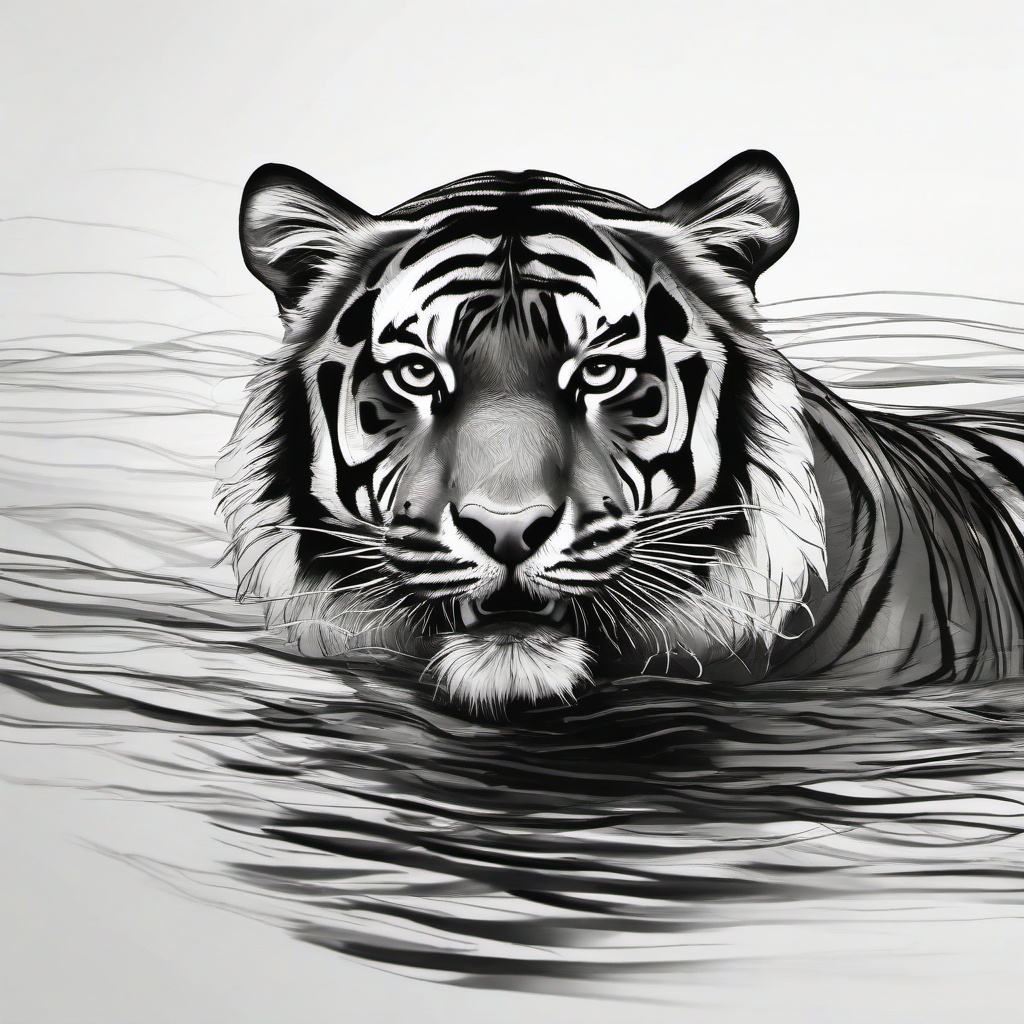 drawing of a tiger swimming  minimal rough sketch scribbles,doodles,black and white