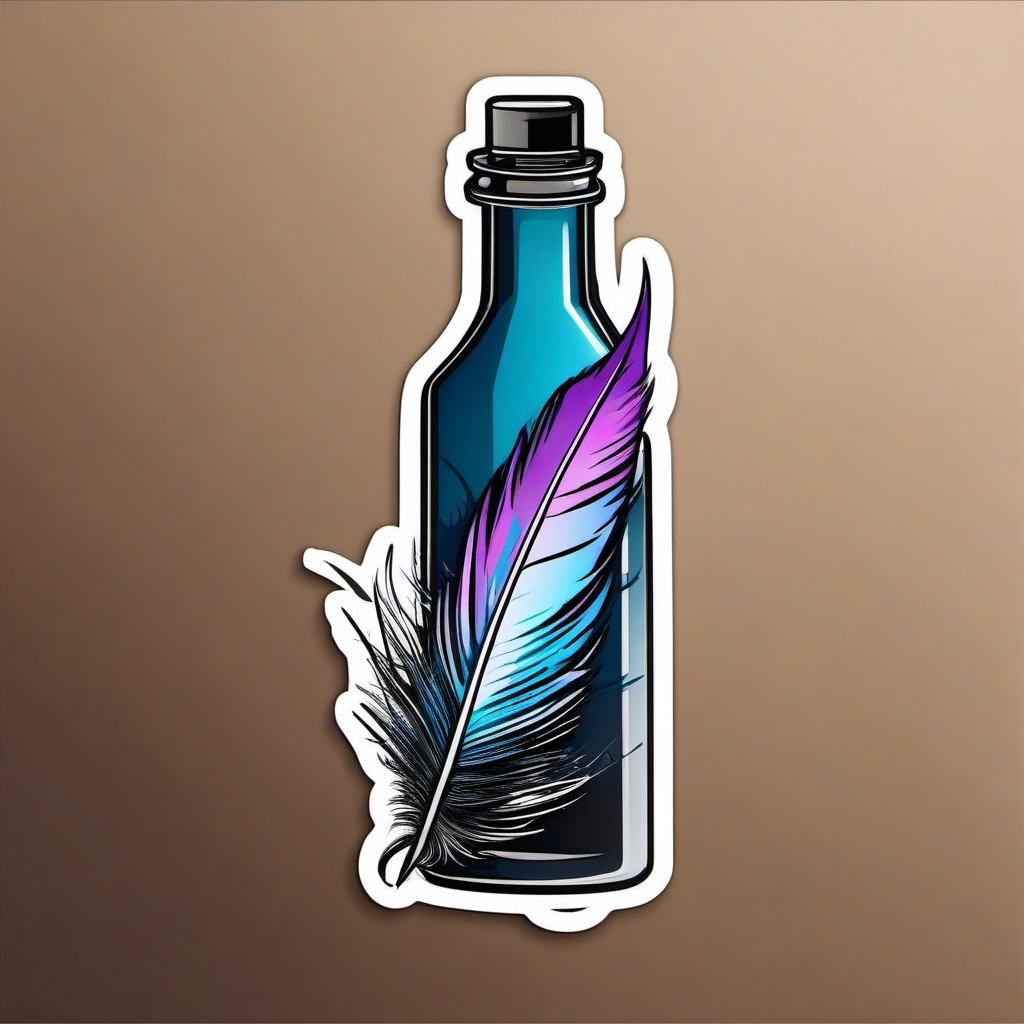 Feather and Ink Bottle Sticker - Quill feather next to an ink bottle, ,vector color sticker art,minimal