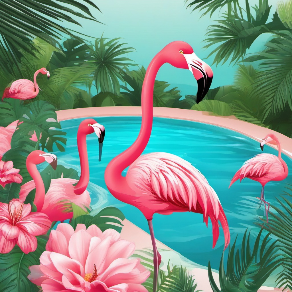 Flamingo clipart - flamingo in a pool party setting  