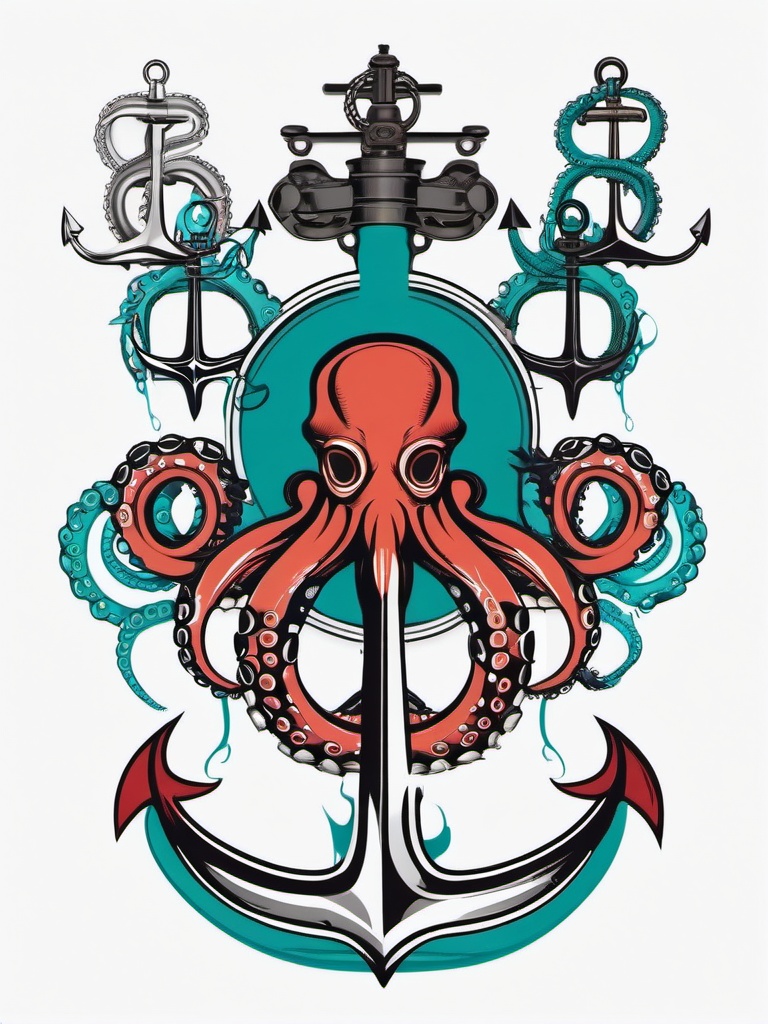 Octopus Tattoo with Anchor - Combine nautical elements with an octopus tattoo featuring an anchor for added symbolism.  simple vector color tattoo,minimal,white background