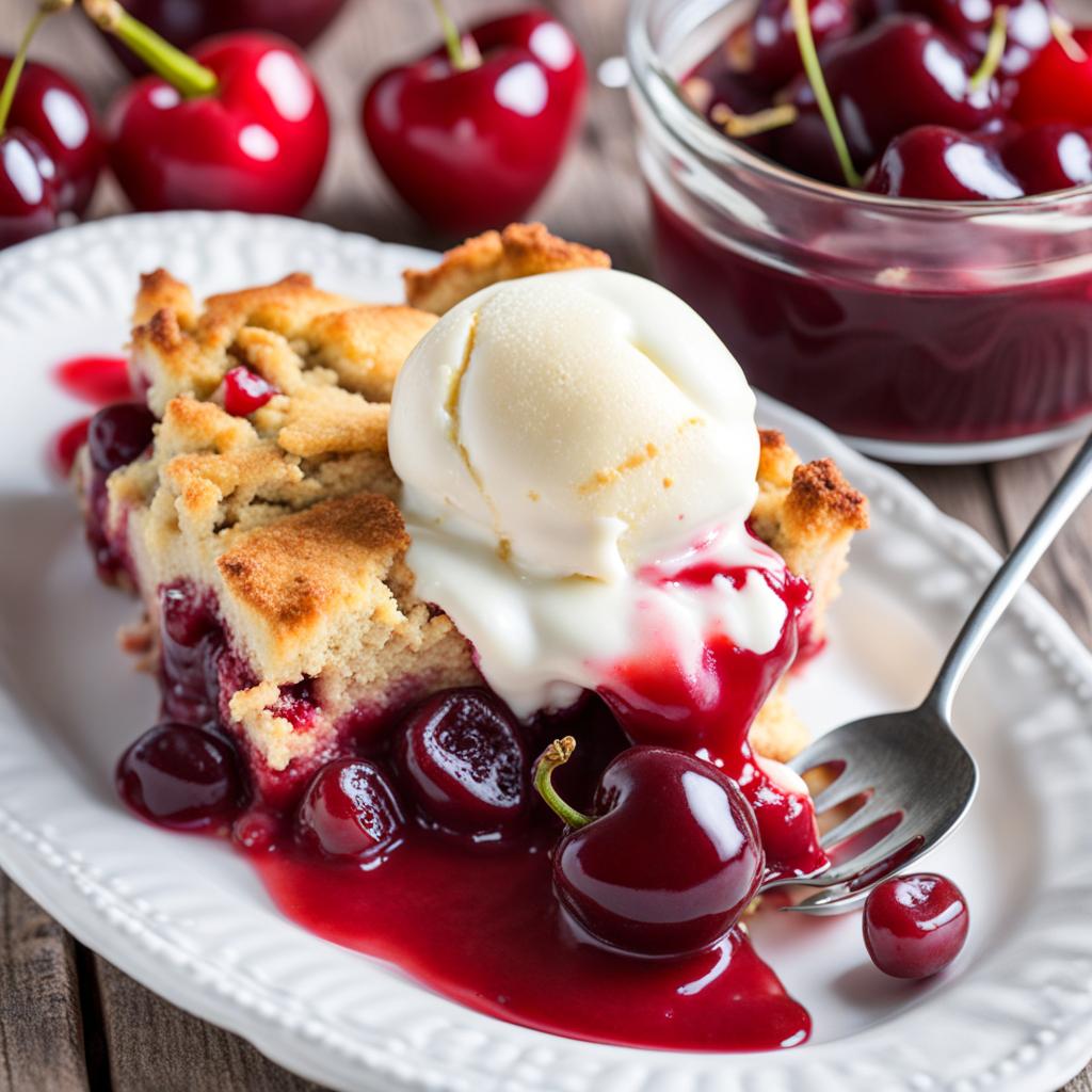 cherry cobbler featuring sweet cherries baked with a biscuit-like topping. 