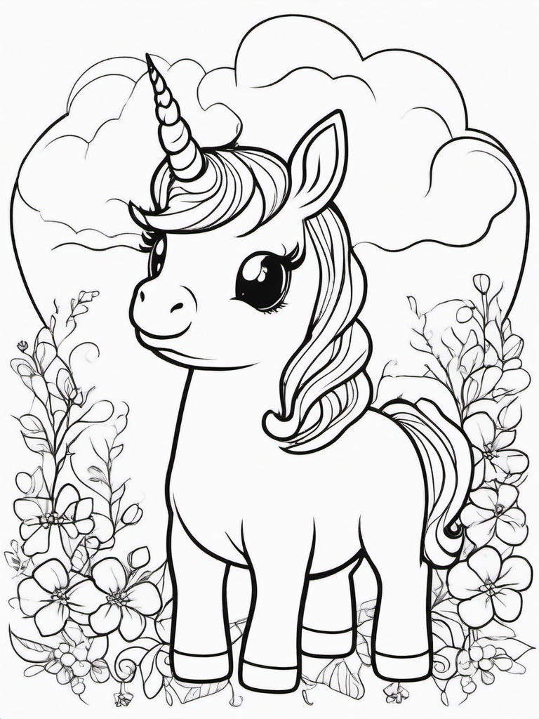 Baby Unicorn Coloring Pages - Adorable Young Unicorn Full of Charm  minimal black outline printable sheet, coloring page