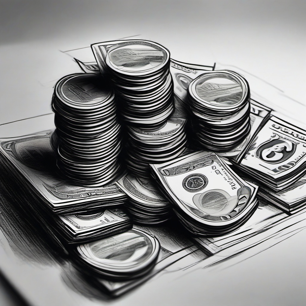 drawing of money stacks on a table  minimal rough sketch scribbles,doodles,black and white