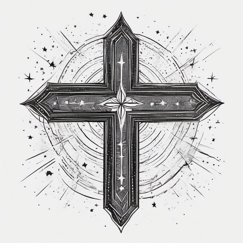 drawing of a cross surrounded by stars  minimal rough sketch scribbles,doodles,black and white