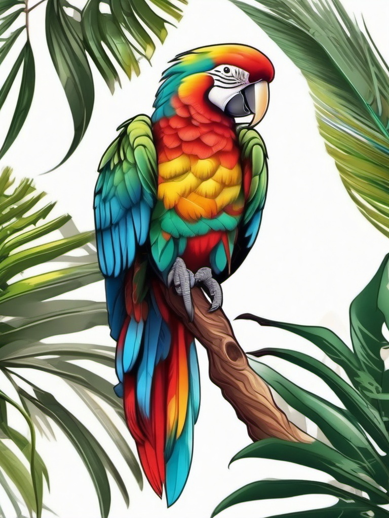 Parrot Tattoo - Parrot with colorful feathers sitting on a tropical branch  color tattoo design, clean white background