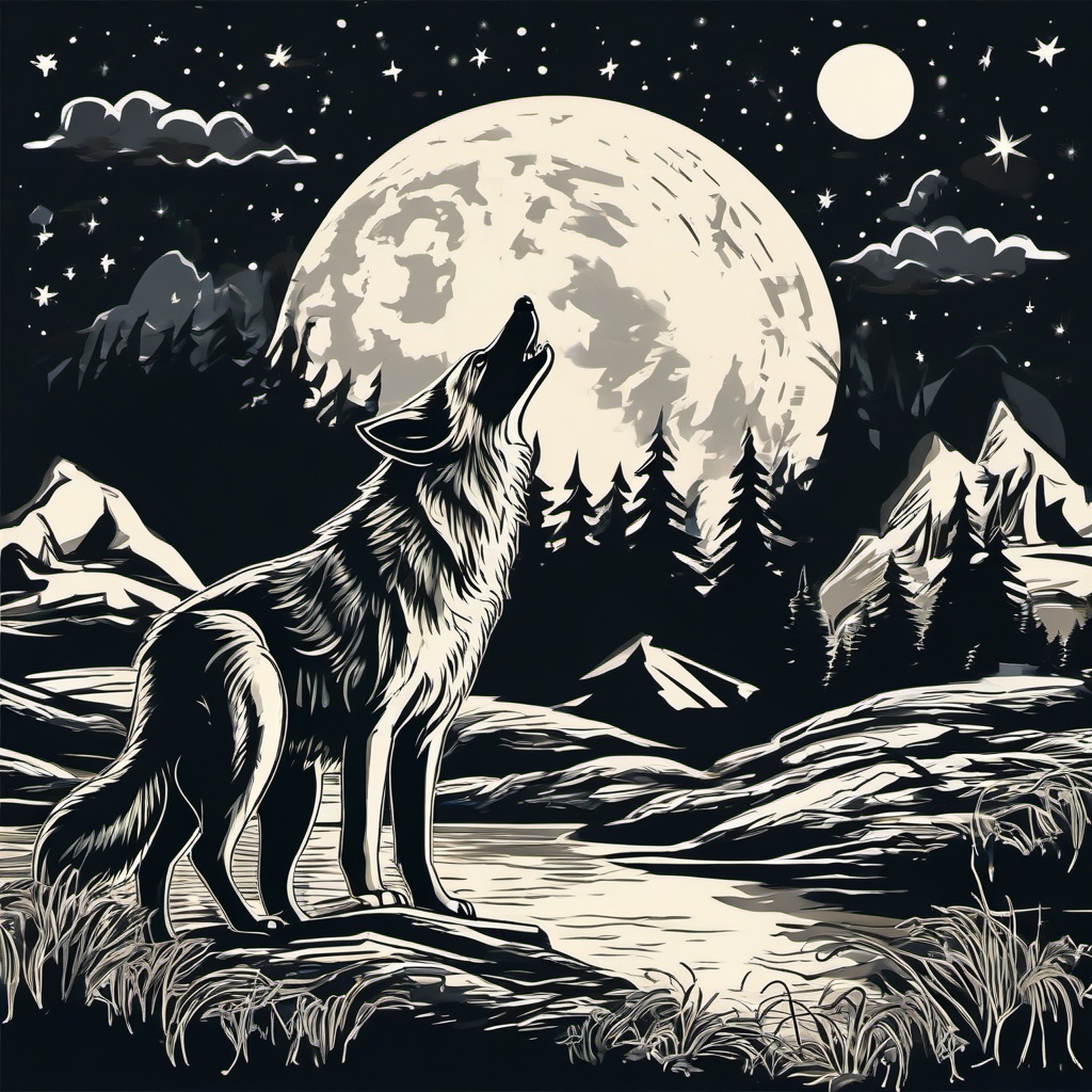 Wolf howling at moon  , vector illustration, clipart