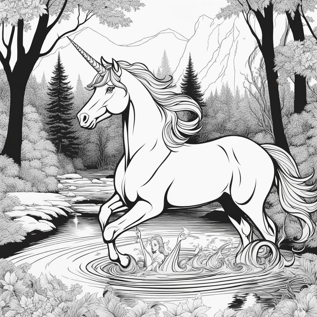 unicorn coloring pages - whimsical unicorn playfully splashing in a crystal-clear stream, its laughter echoing through the forest. 