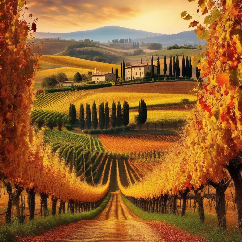 Fall Computer Background - Autumn Harvest in Tuscany's Vineyards  wallpaper style, intricate details, patterns, splash art, light colors