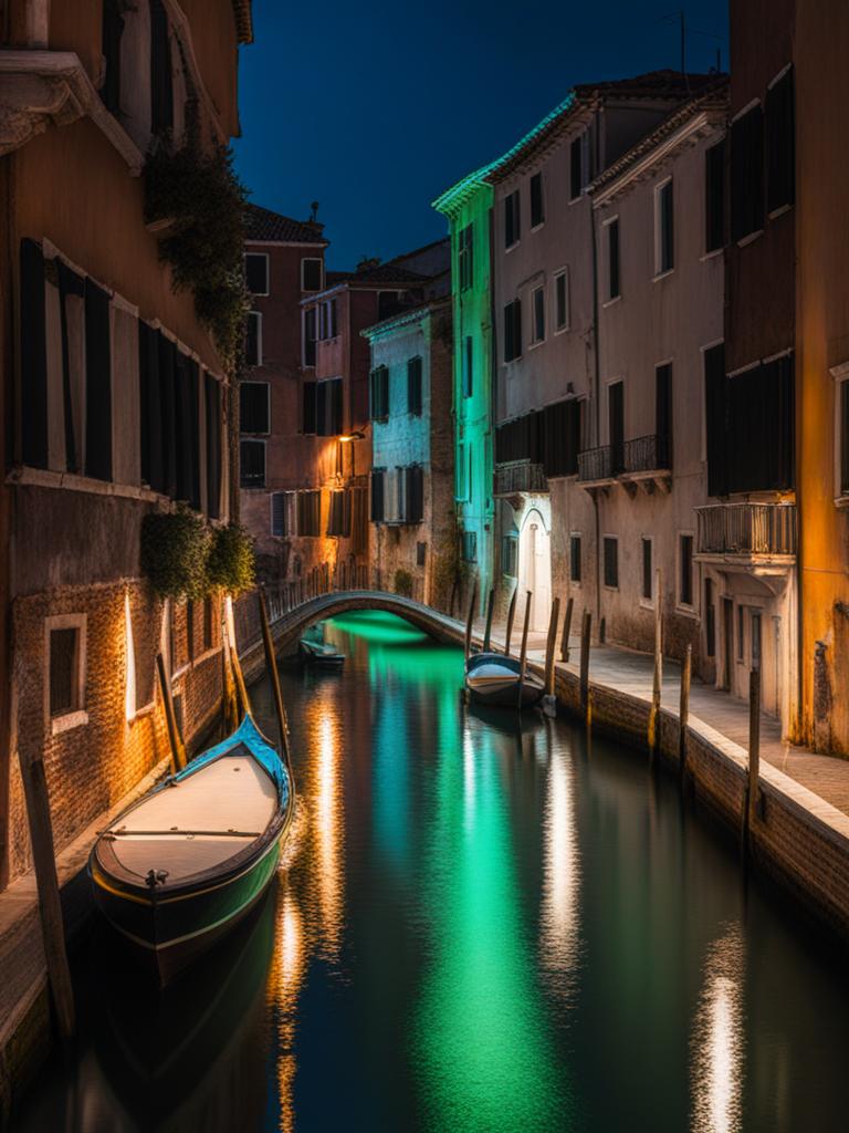 neon venice: canals illuminated by bioluminescent algae 