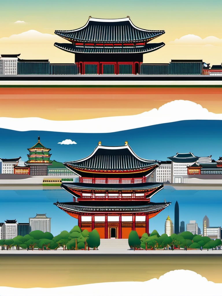 Seoul clipart - Gyeongbokgung Palace and Seoul skyline,  color vector clipart