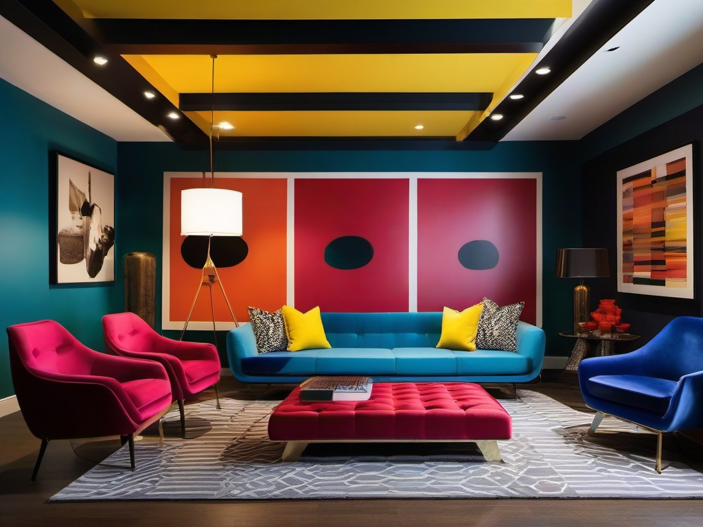 A media room designed with Pop Art interior design features bold colors, dynamic seating, and eclectic decor that enhance the cinematic experience in a lively setting.  