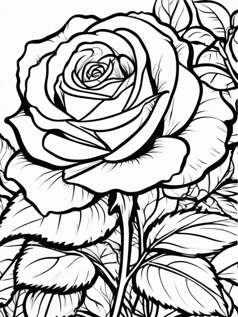 Rose coloring page sheet - A single rose blooming in a garden with lush green leaves.  black outline printable coloring page