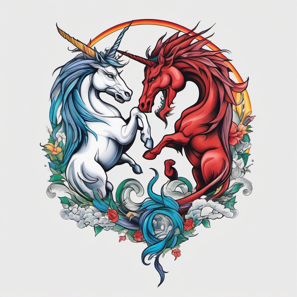 Dragon and Unicorn Tattoo - Mythical tattoo featuring a dragon and a unicorn.  simple color tattoo,minimalist,white background