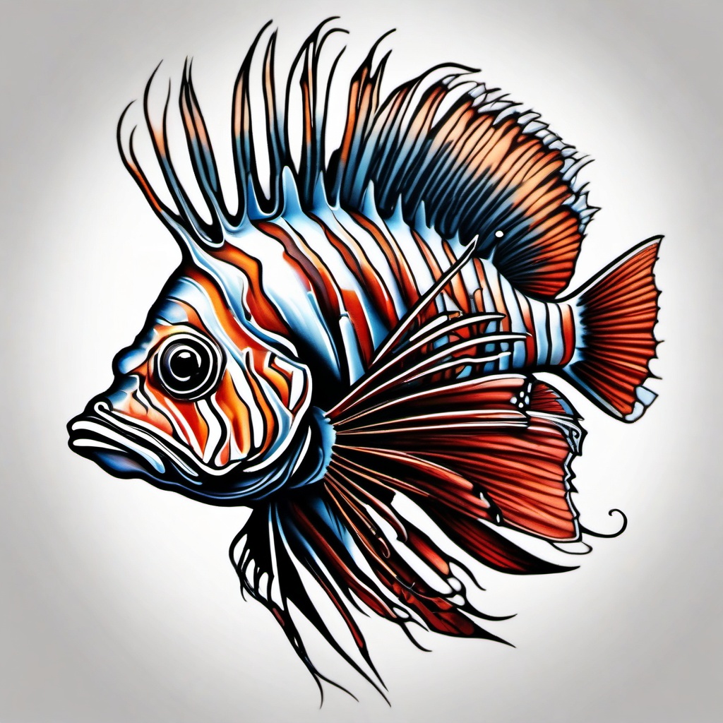 Lionfish Tattoo,a captivating tattoo showcasing the enchanting lionfish, emblem of beauty and mystery. , color tattoo design, white clean background