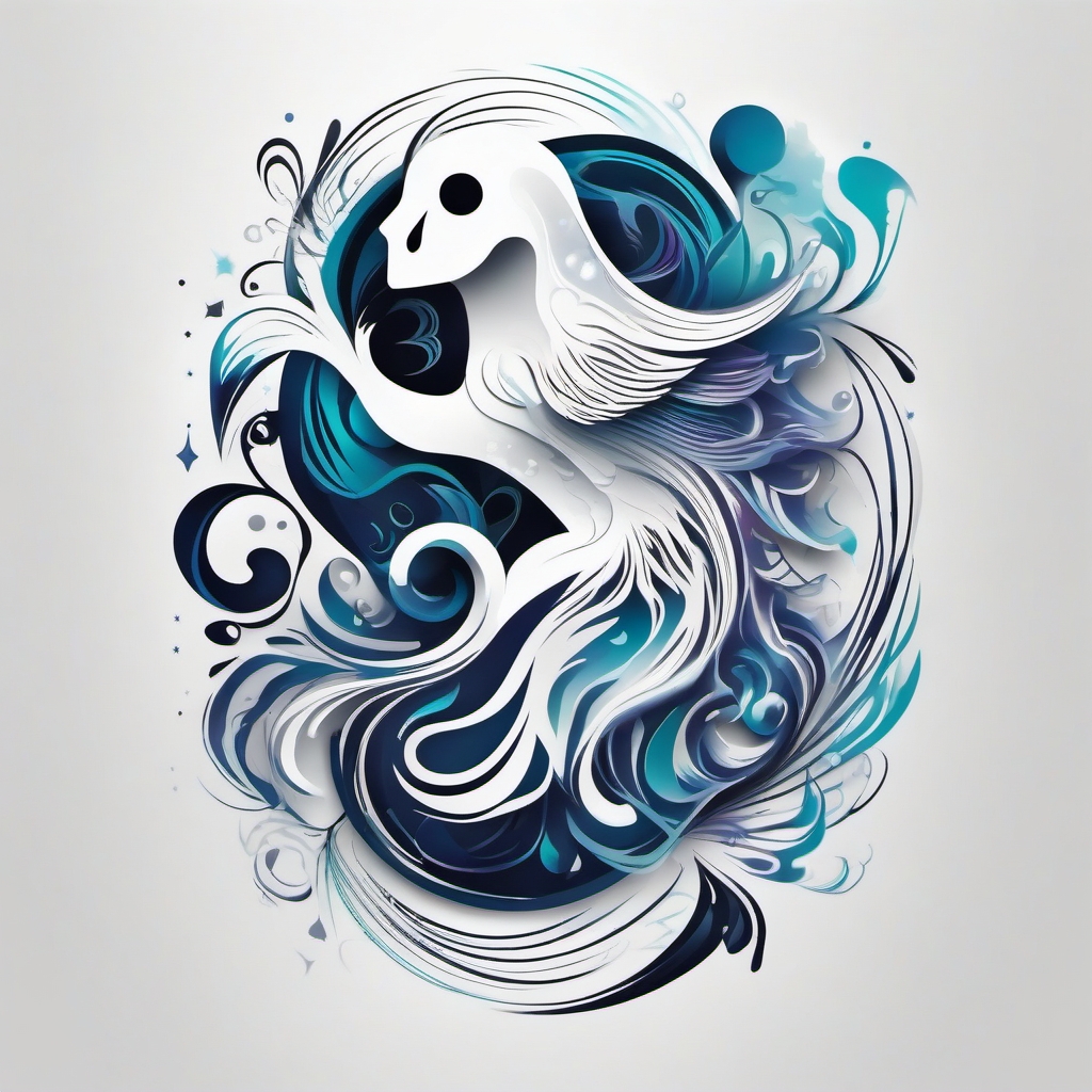 Ghost Tattoo-Abstract ghostly scene with swirling shapes and ethereal elements, creating a unique and captivating design. Colored tattoo designs, minimalist, white background.  color tattoo, minimal white background