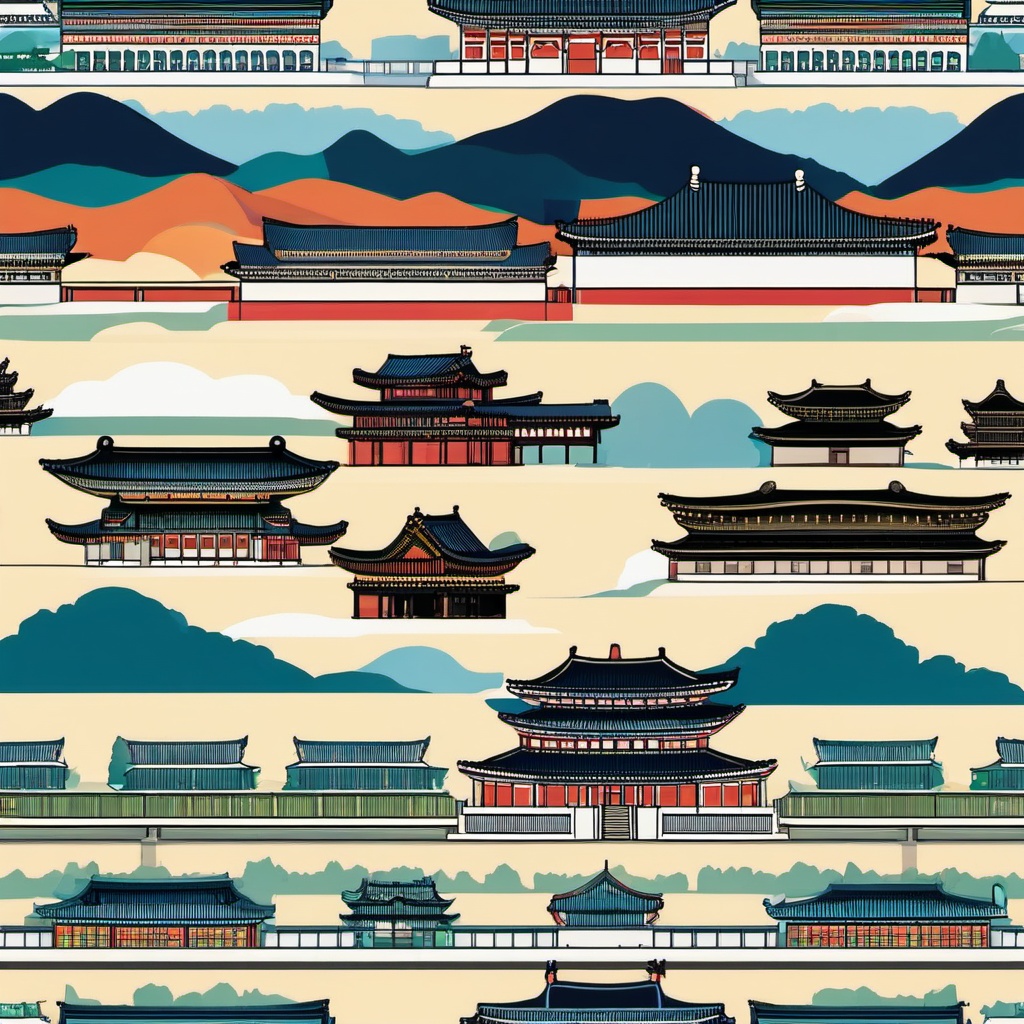 Seoul clipart - Gyeongbokgung Palace and Seoul skyline,  color vector clipart