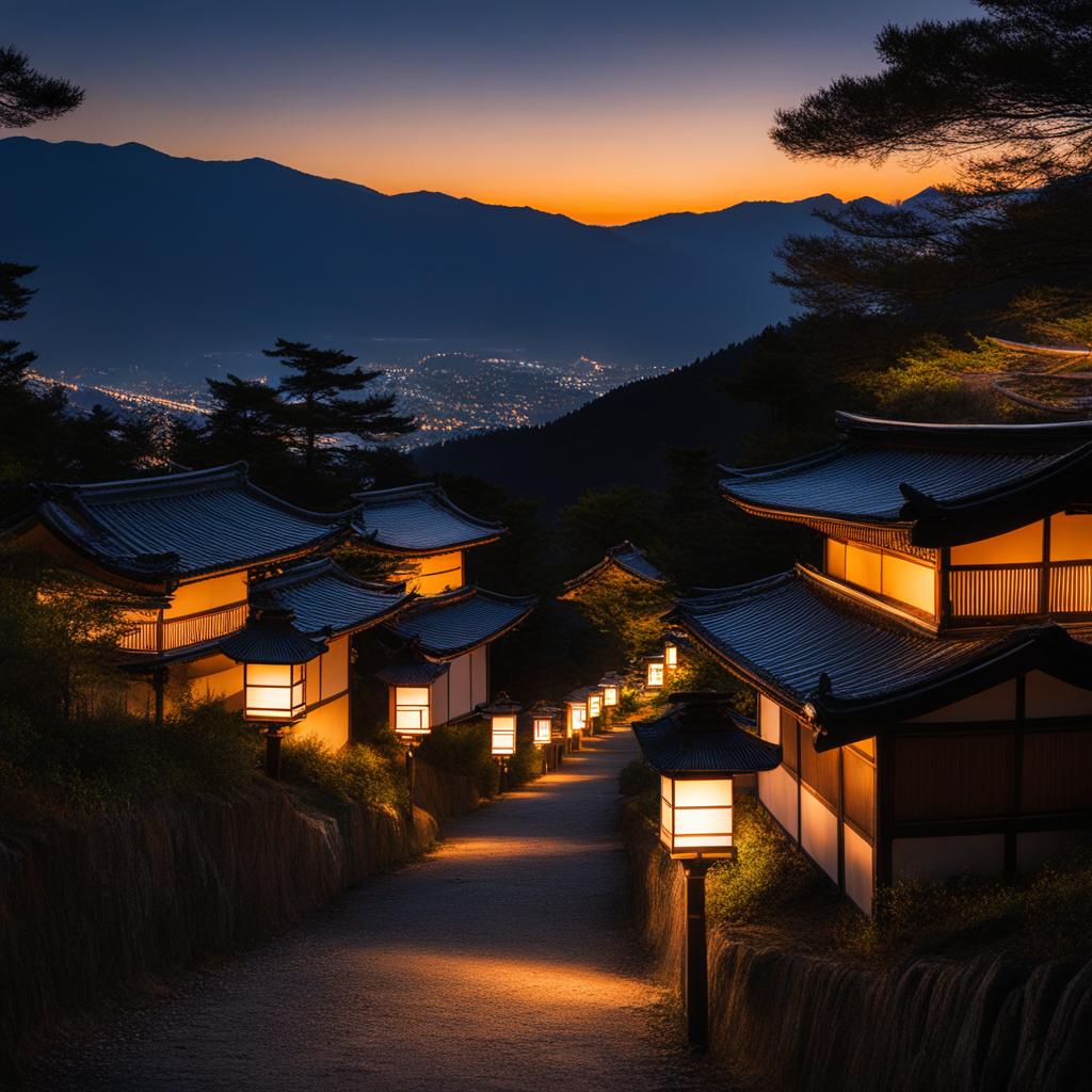 nakasendo trail - create a night painting of the nakasendo trail, where ancient post towns come to life with the warm, inviting glow of lanterns along the path. 