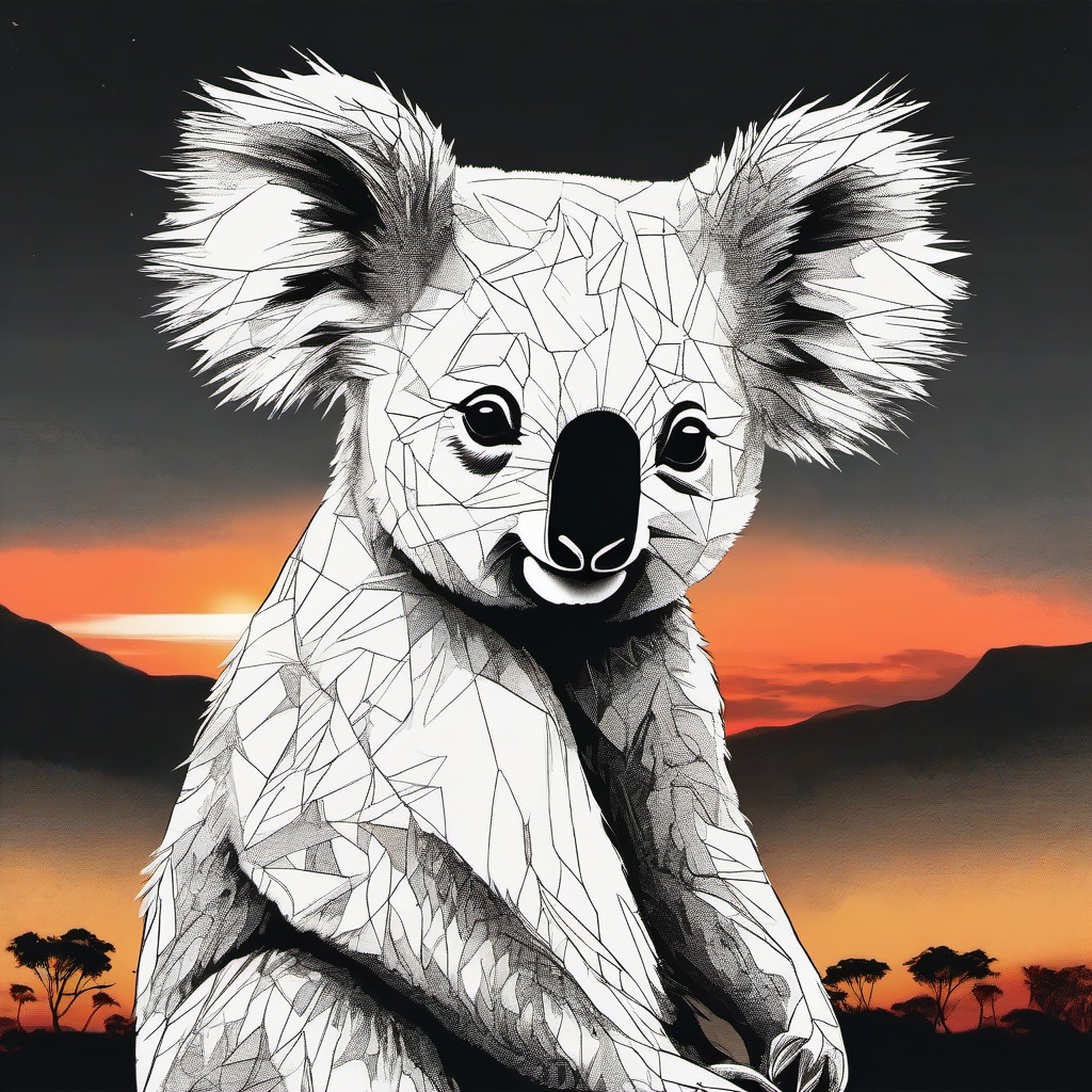 drawing of a koala with a sunset background  minimal rough sketch scribbles,doodles,black and white