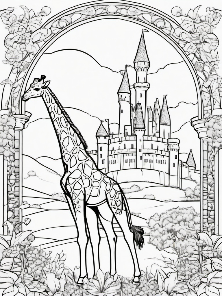 Giraffe Coloring Pages - Giraffe in a fairy tale setting with a castle  simple coloring pages