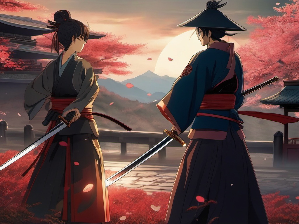 Feudal Japan sword duel scene. anime, wallpaper, background, anime key visual, japanese manga