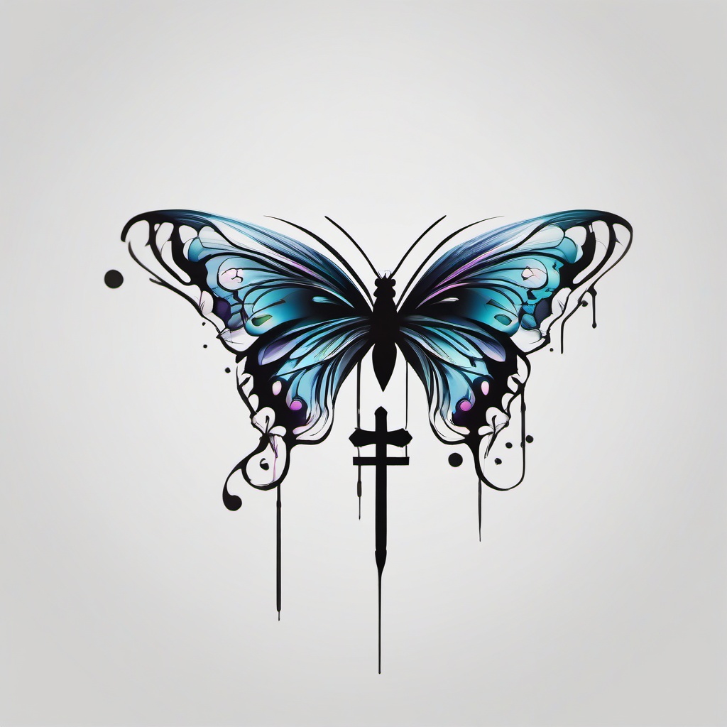 butterfly and cross tattoo designs  simple color tattoo, minimal, white background