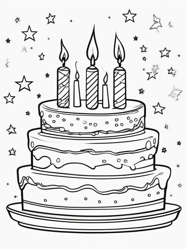 Birthday Cake with Stars and Candles Coloring Pages - Bright Stars and Candles on Cake  minimal black outline printable sheet, coloring page