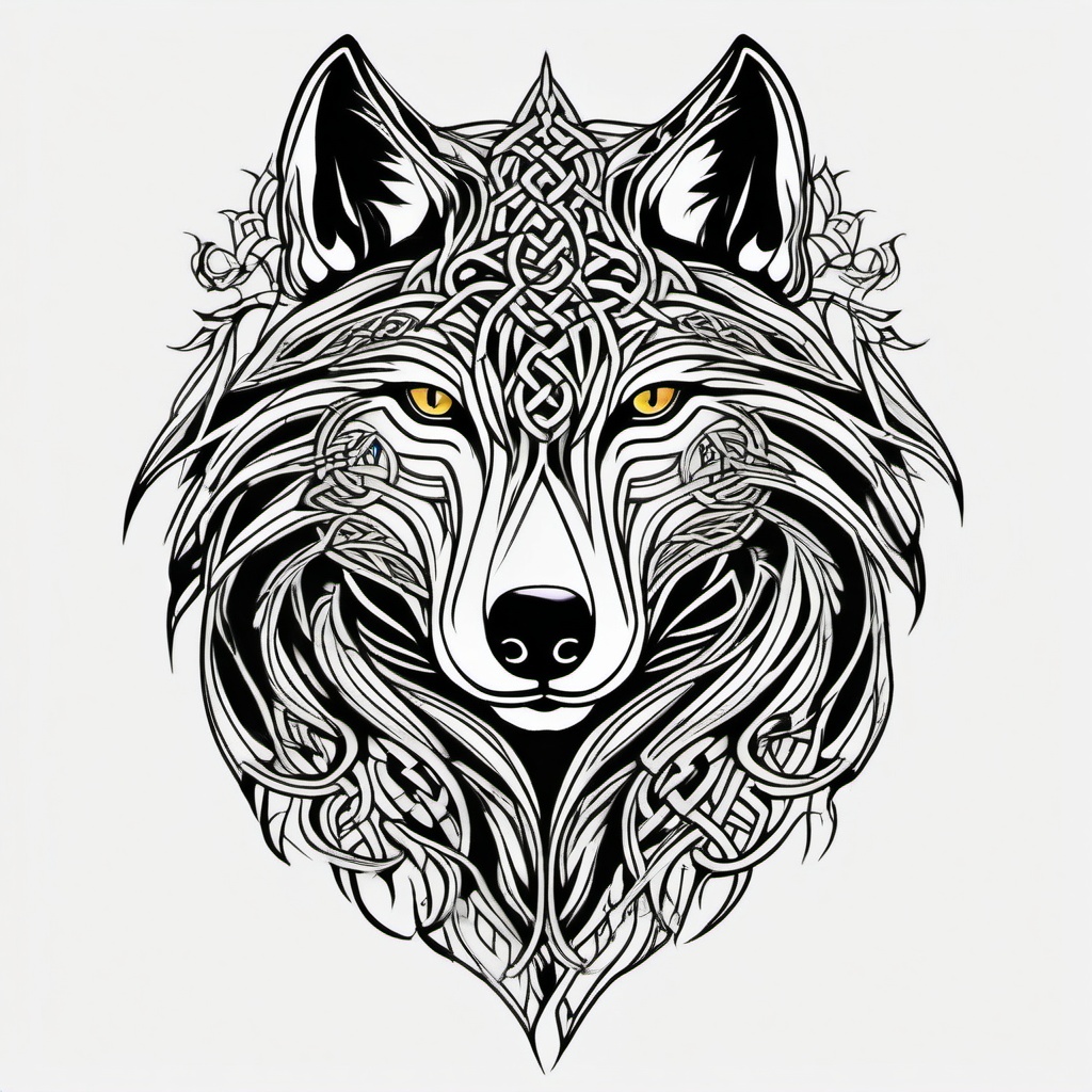 Celtic Tribal Wolf Tattoo,tribal wolf art infused with intricate Celtic patterns, celebration of ancient wisdom. , color tattoo design, white clean background