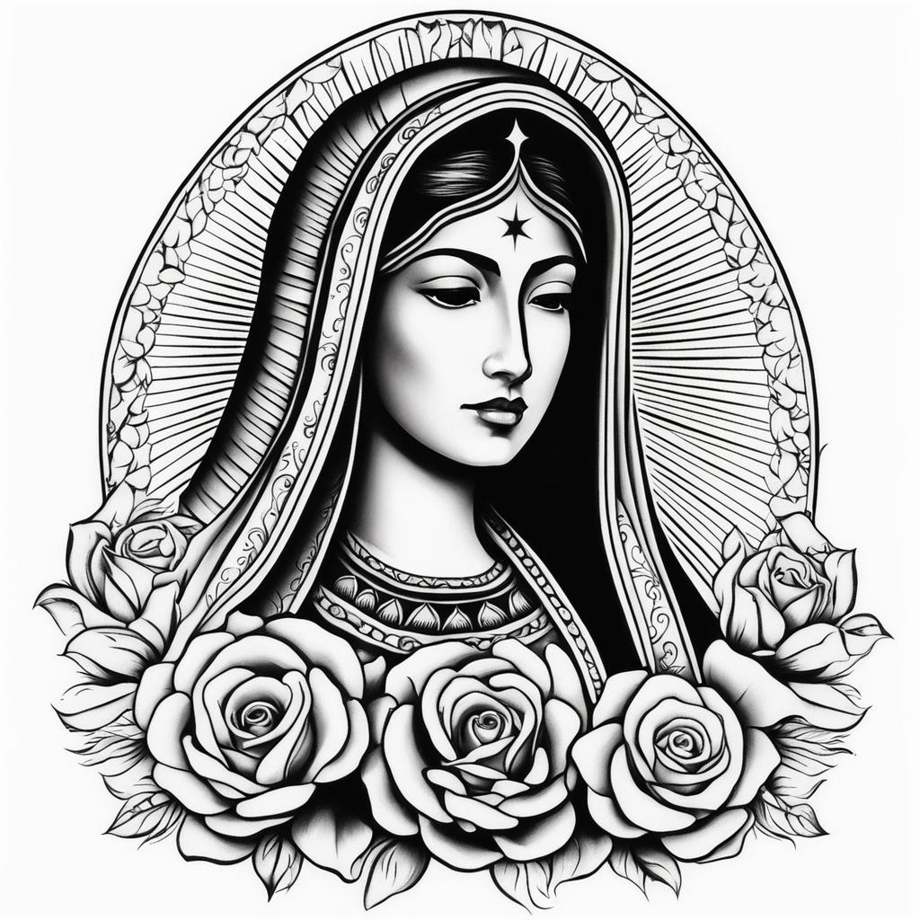 Virgen de Guadalupe tattoo, Tattoos inspired by the iconic Virgen de Guadalupe imagery. , color tattoo design, clean white background