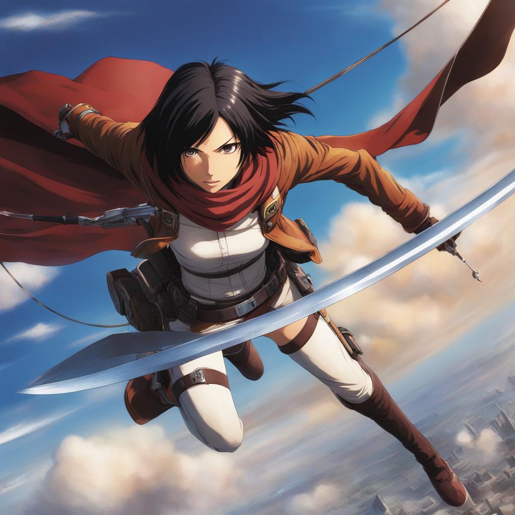 mikasa ackerman soars through the sky, engaging in aerial combat with a titan shifter. 