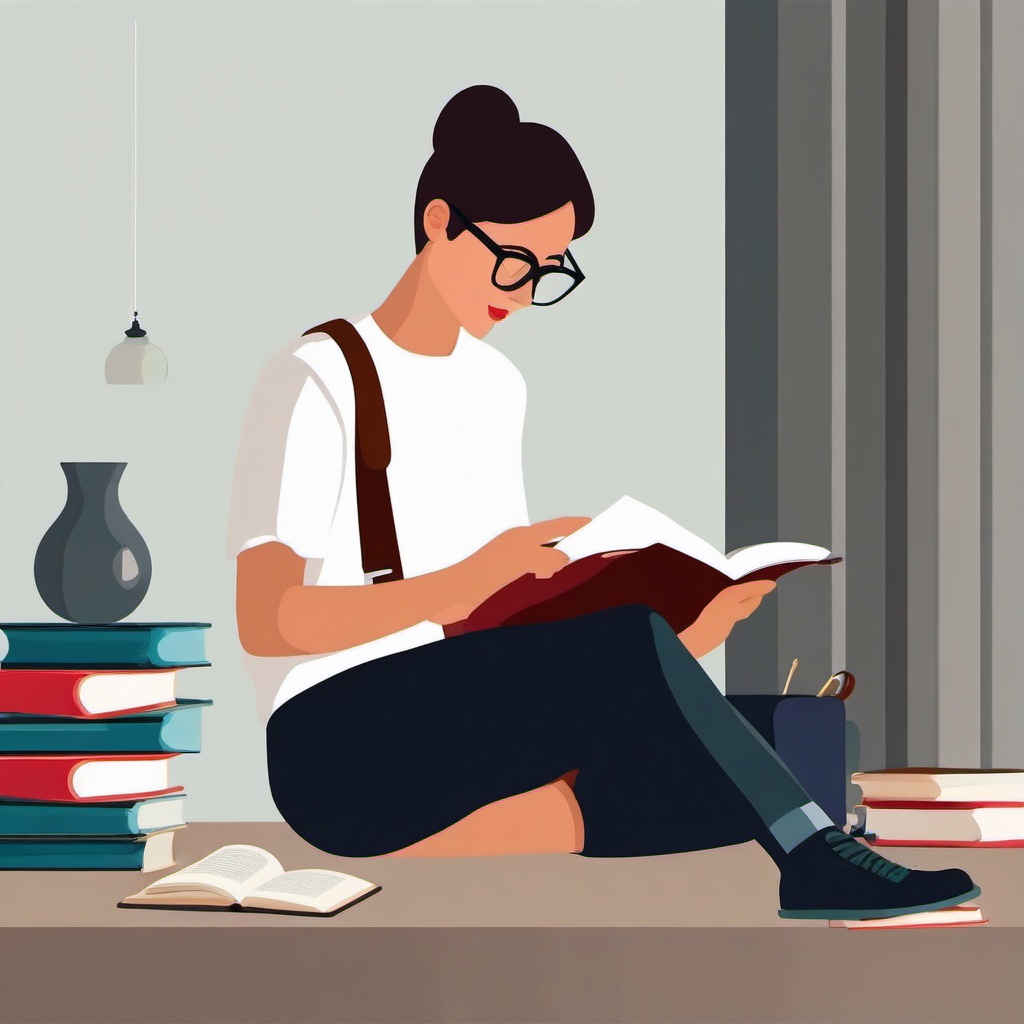 Reading clipart - student reading a textbook with glasses  color,minimalist,vector clipart