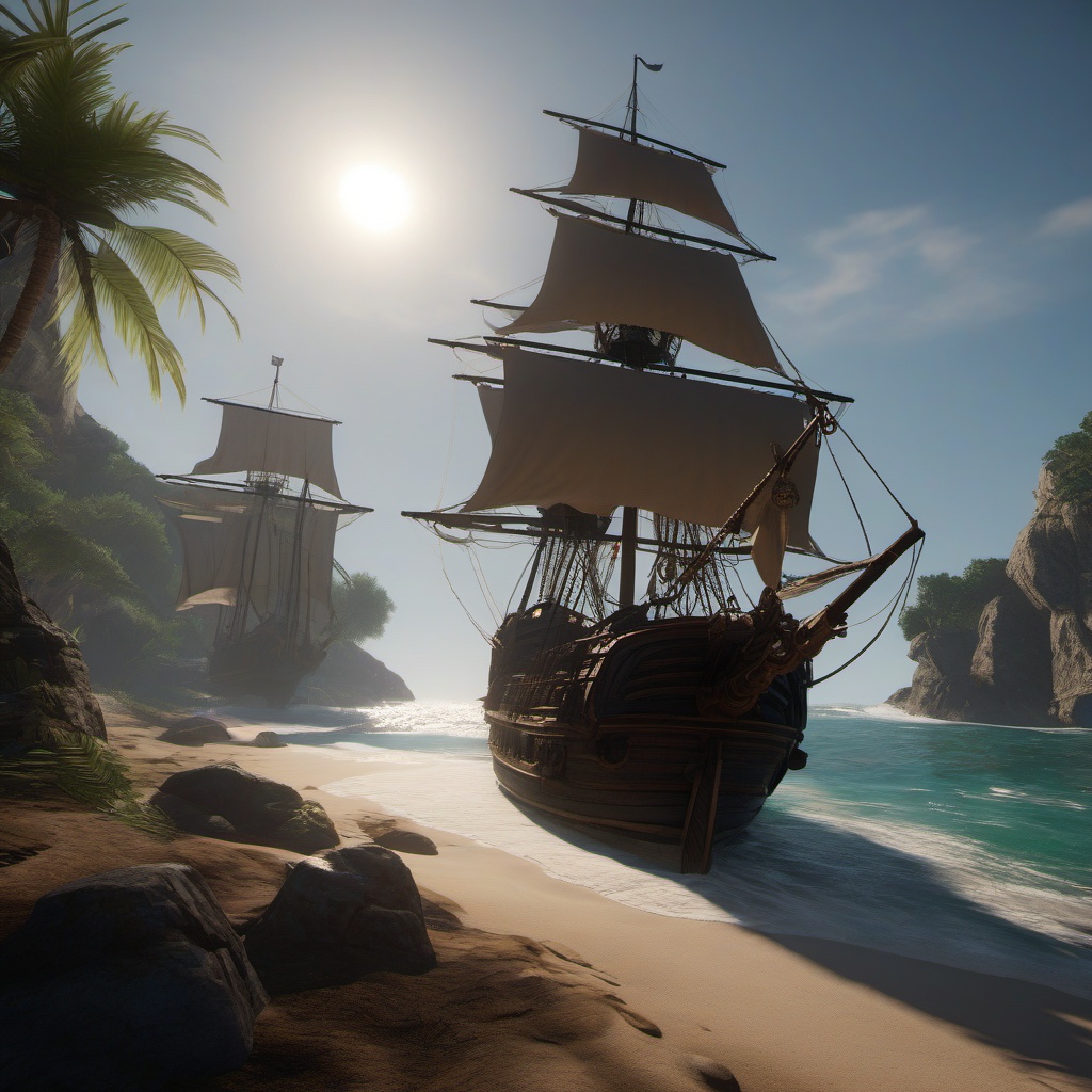 Pirate captain's ghost seeks to reunite with their long-lost crew to find legendary buried treasure. concept art,unreal engine 4,style by Henri Fantin-Latour