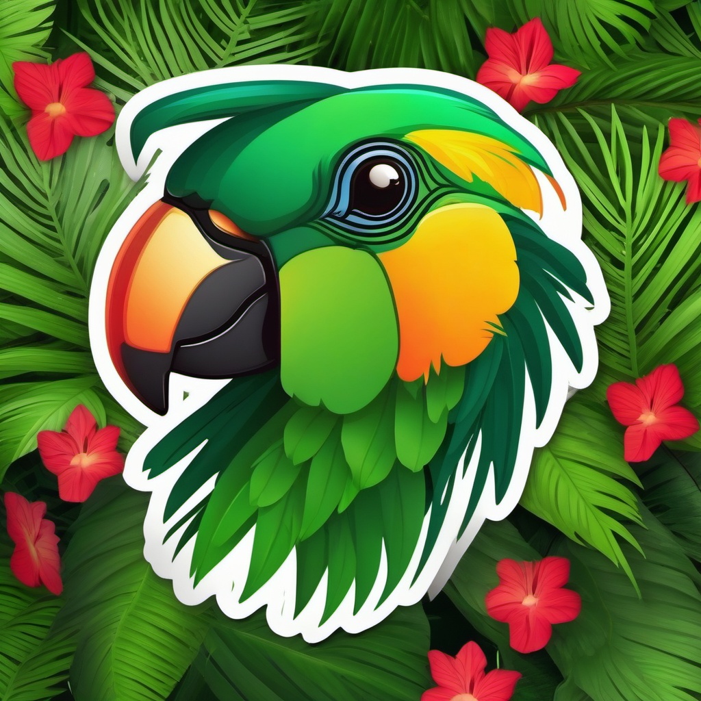 Colorful Parrot in Rainforest Emoji Sticker - Tropical beauty in lush greenery, , sticker vector art, minimalist design