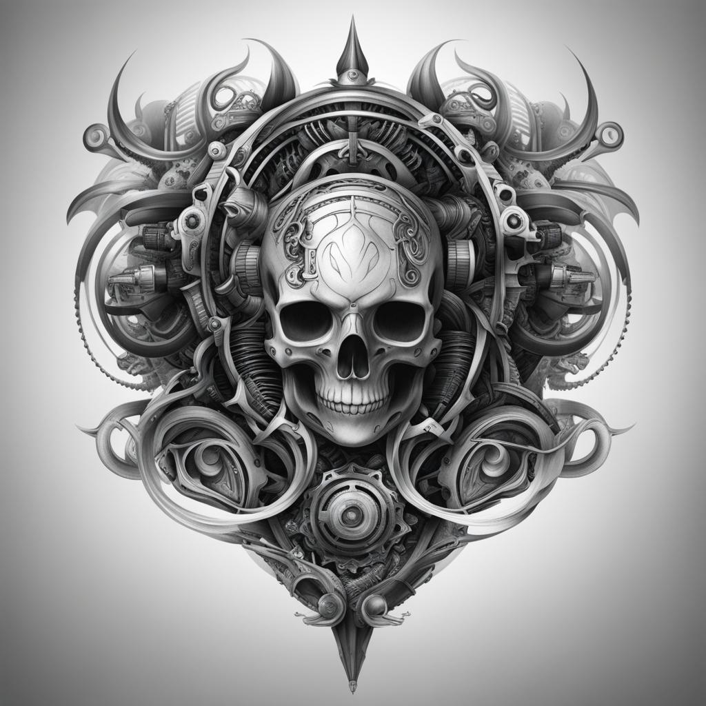 biomechanical tattoo black and white design 