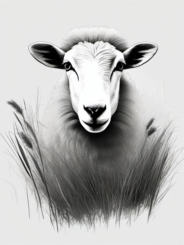 drawing of a sheep with grass  minimal rough sketch scribbles,doodles,black and white