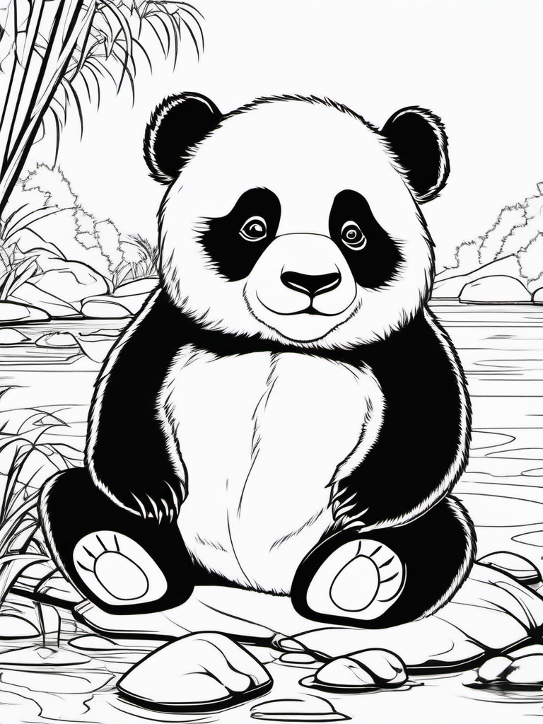 Panda Coloring Pages - Panda sitting peacefully by a river  simple coloring pages