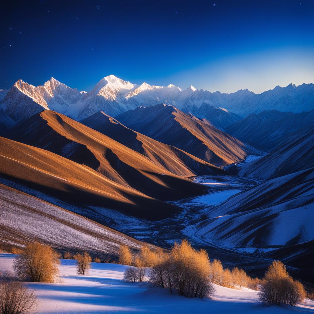 xinjiang tianshan - imagine the serene night in xinjiang tianshan, a unesco world heritage site, with its snow-capped peaks and alpine meadows shimmering under starlight. 