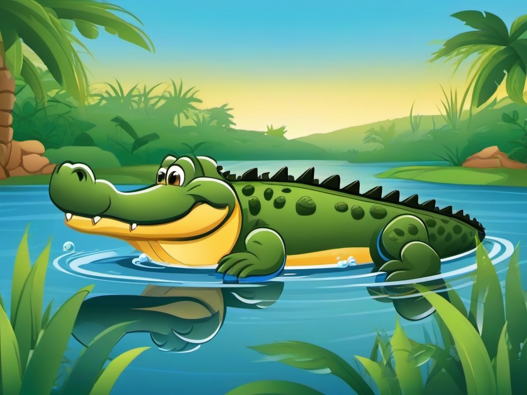 Alligator Cartoon - Cartoon of alligator swimming in river  