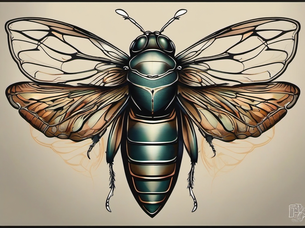 Dynamic cicada in flight tattoo: Graceful wings capturing the insect's fleeting dance.  simple color tattoo style