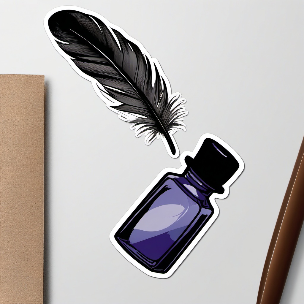 Feather and Ink Bottle Sticker - Quill feather next to an ink bottle, ,vector color sticker art,minimal