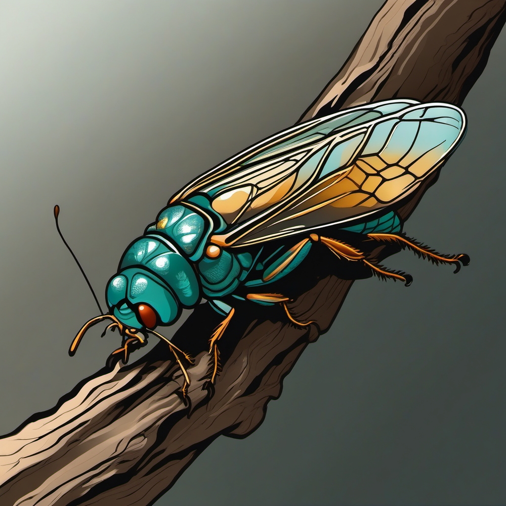 Cicada perched on a branch ink: A moment of stillness captured in the insect's journey.  simple color tattoo style