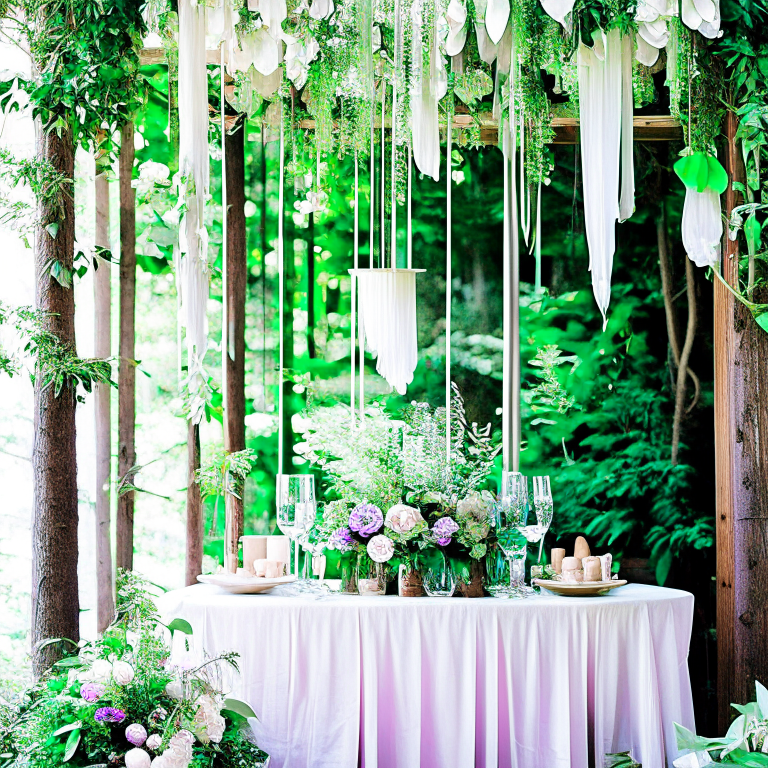 forest nymph's dining room with ethereal drapes and woodland centerpieces. 