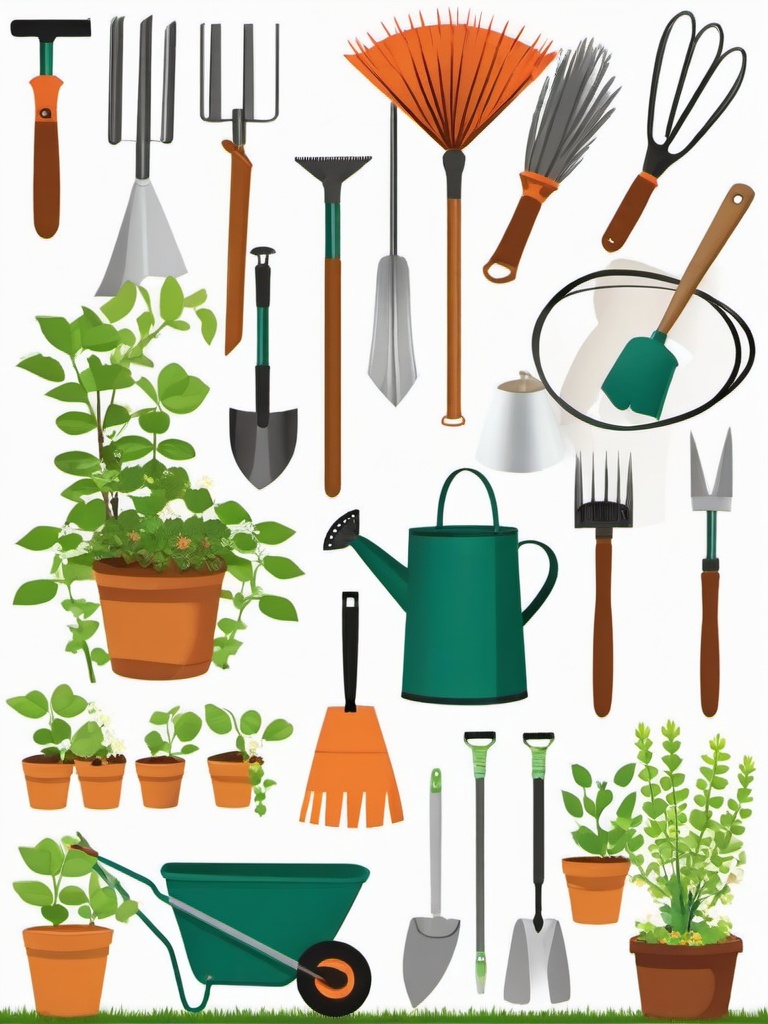 Spring clipart - gardening tools and plants  