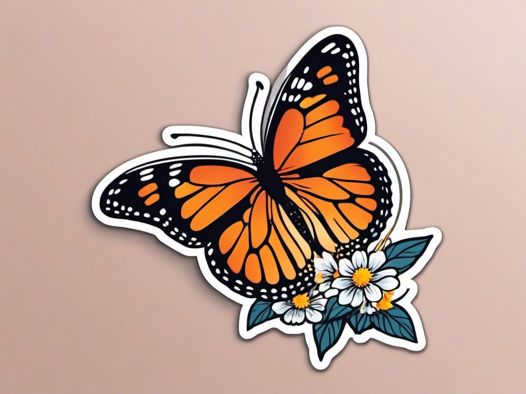 Butterfly and Blossoms Sticker - Butterfly near blooming flowers, ,vector color sticker art,minimal