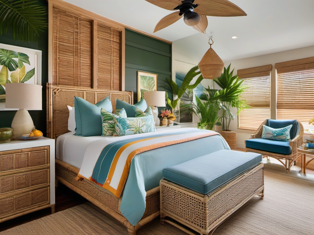 Tropical-themed bedroom featuring a custom Serena & Lily rattan bed, Tommy Bahama bedding, and Hunter Douglas bamboo window shades.  