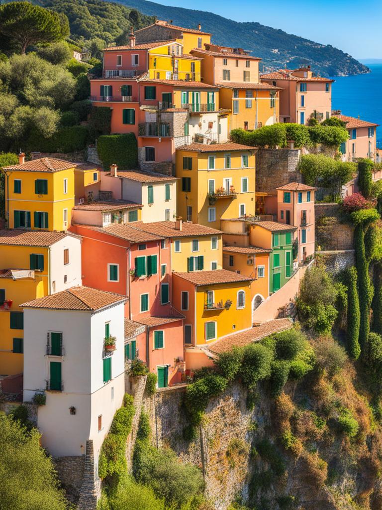 ligurian hilltop villages - create an artwork that highlights the charm of ligurian hilltop villages, with colorful houses perched on steep cliffs. 