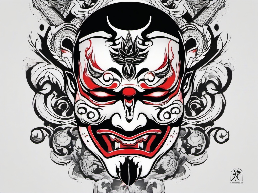 tattoo yakuza mask  simple color tattoo,white background,minimal