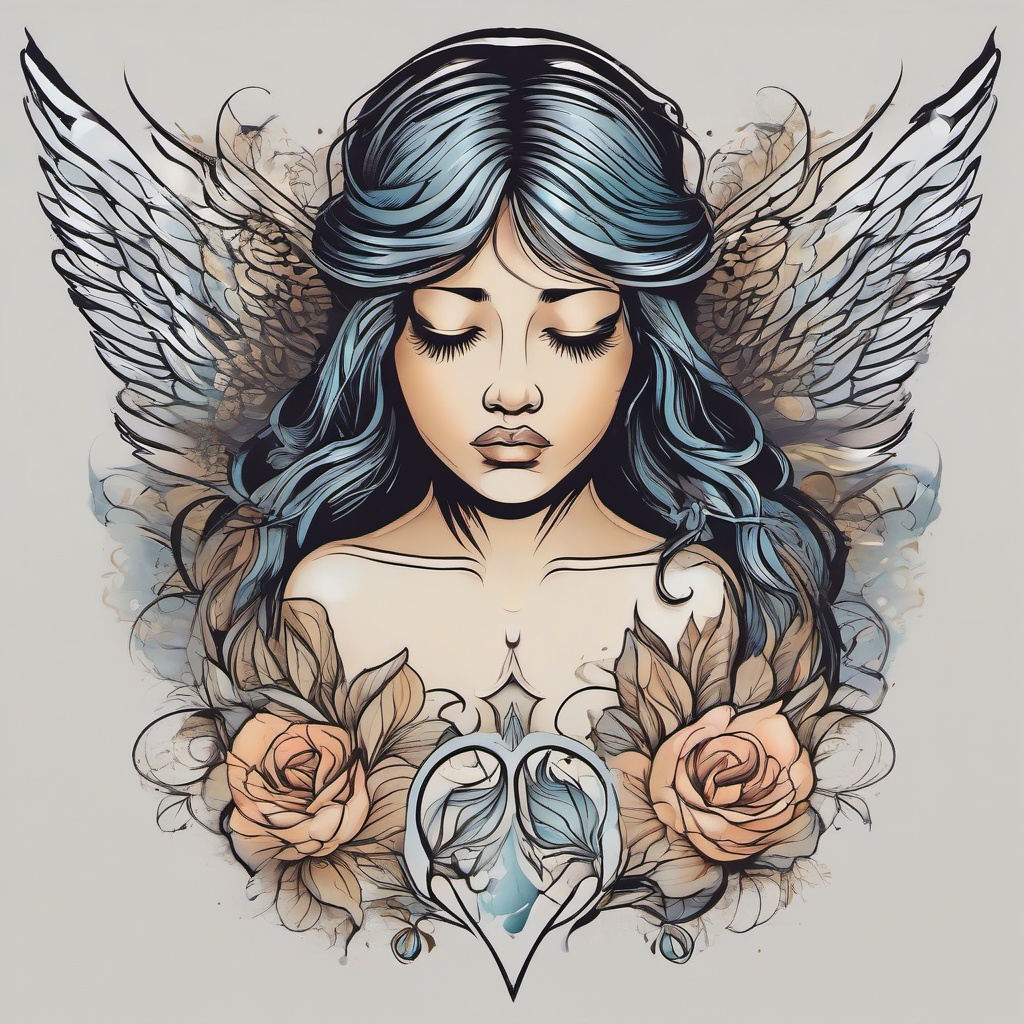 Tattoo Crying Angel-Exploring the emotional depth of celestial beauty with a tattoo featuring a crying angel, symbolizing empathy, compassion, and the beauty of vulnerability.  simple vector color tattoo