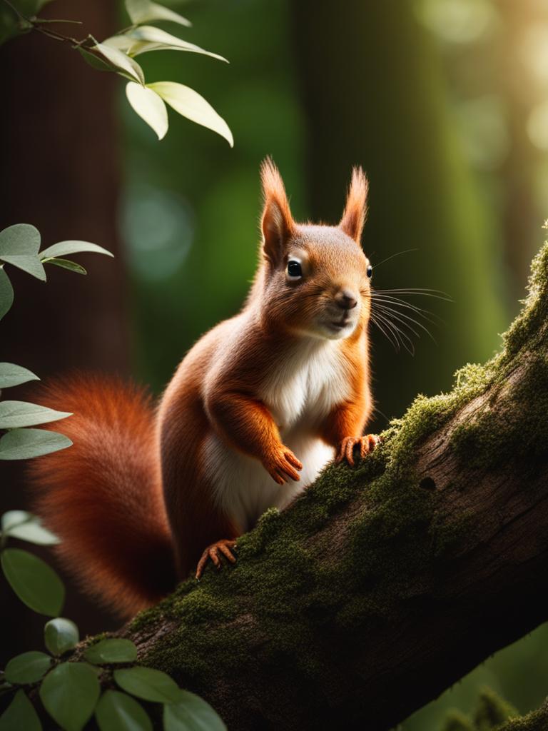 red squirrel kit darting through the treetops in a bustling forest 8k ultrarealistic cinematic 