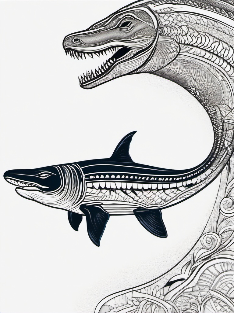 Mosasaur Tattoo - Highlight the aquatic beauty of the Mosasaur with a captivating and stylish tattoo.  simple vector color tattoo,minimal,white background