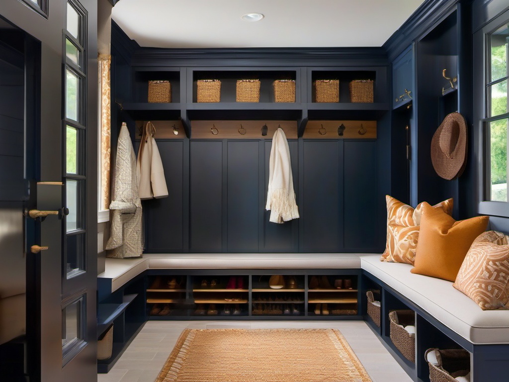 A mudroom designed with Regency interior design includes refined storage solutions, tasteful decor, and an organized layout that makes coming and going a stylish experience.  